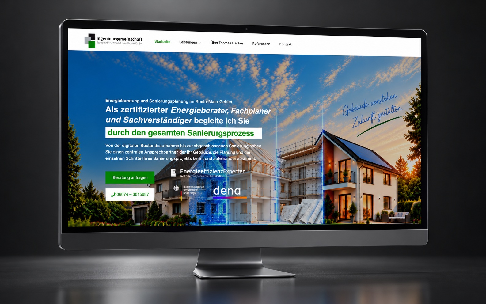 Vollständiges Projektbild der IG-Energie-Website auf einem dunklen Display